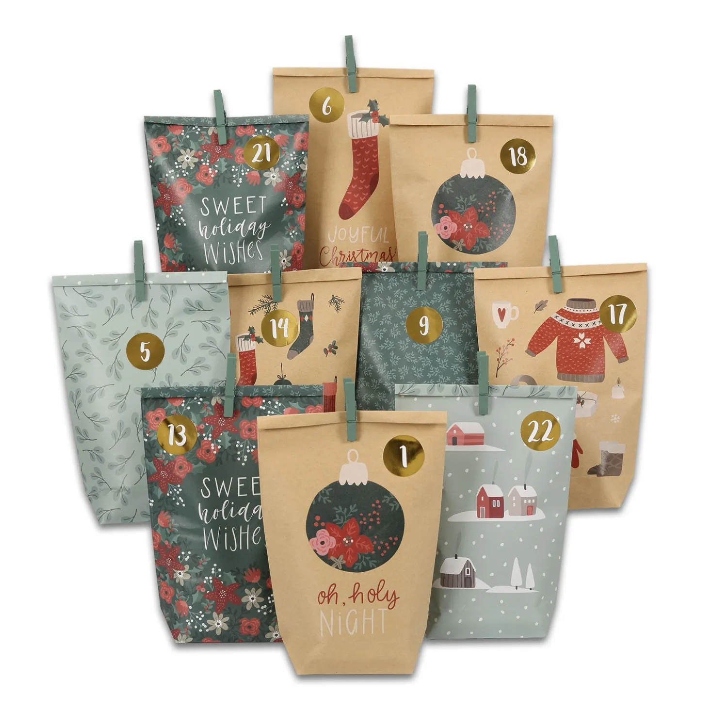 Adventskalender mit 24 bedruckten Tüten