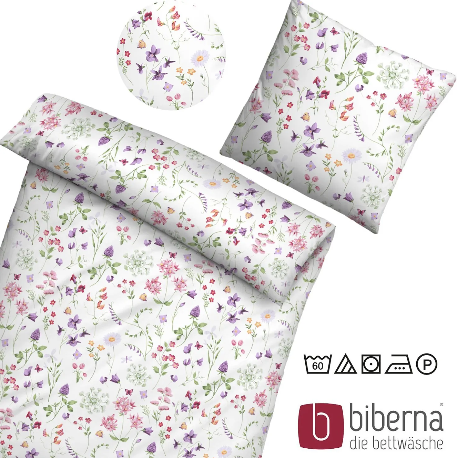 biberna Linon-Bettwäsche FLOWERPOWER weiß, 135x200 cm + 80x80 cm