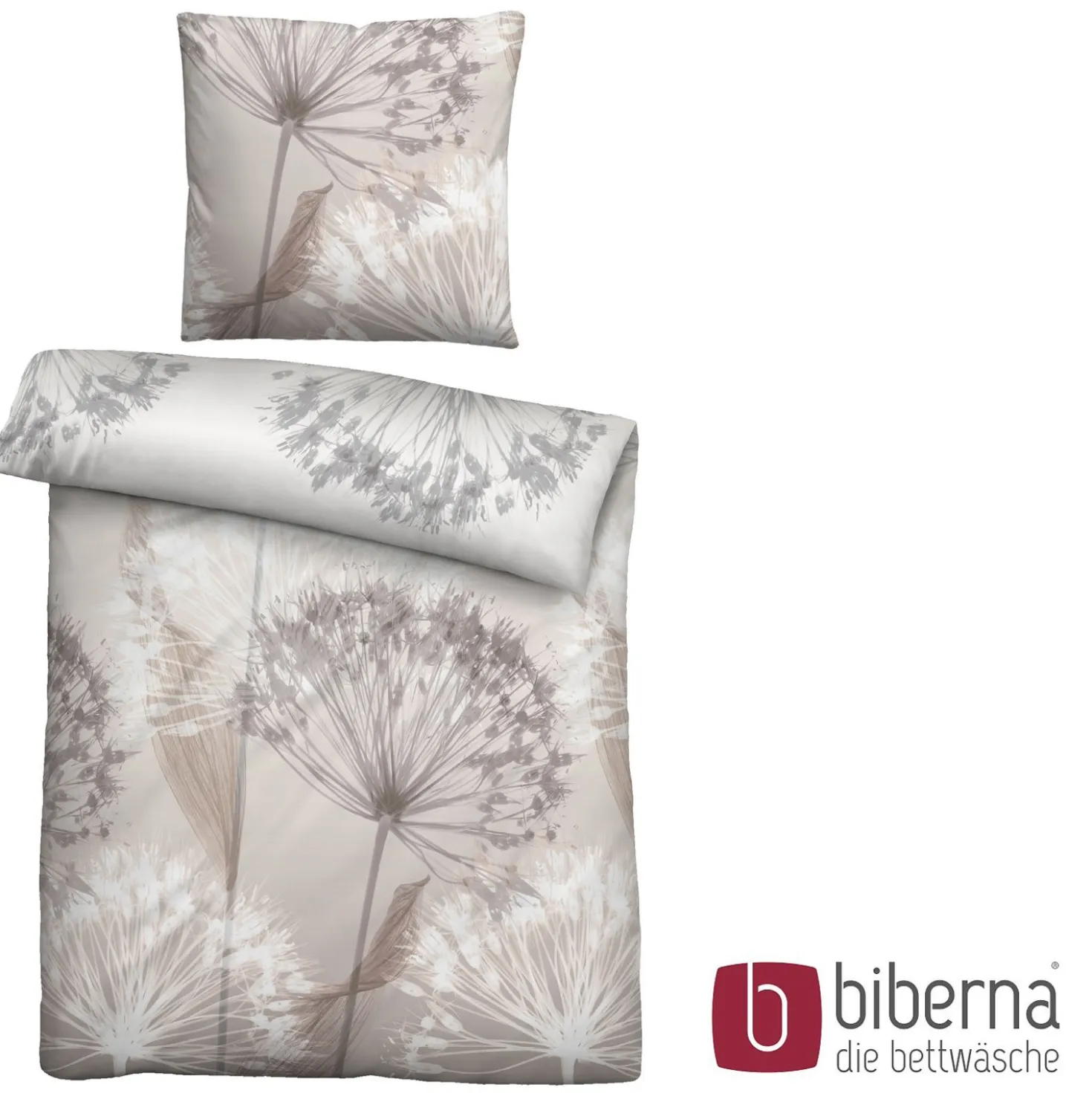 biberna Mako-Satin Bettwäsche PUSTEBLUME basalt, 155x200 cm + 80x80 cm