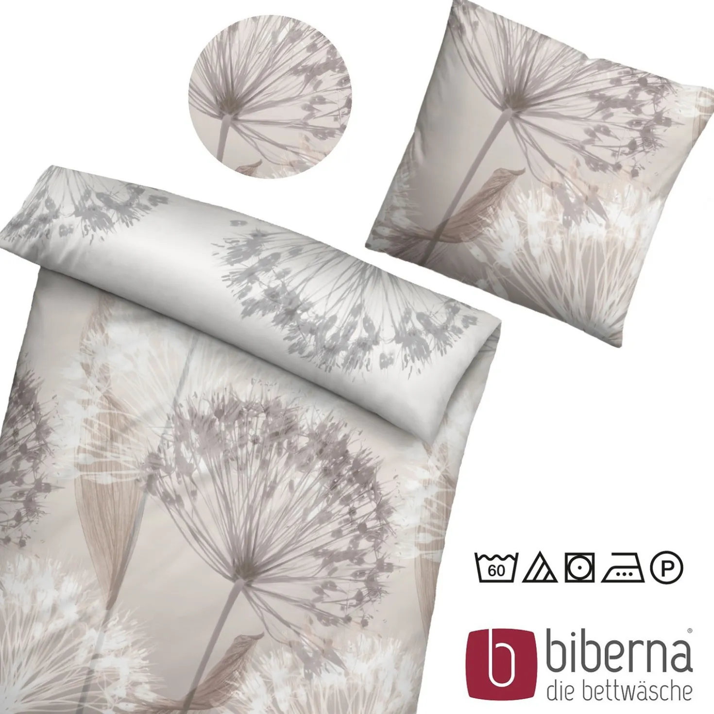 biberna Mako-Satin Bettwäsche PUSTEBLUME basalt, 155x220 cm + 80x80 cm
