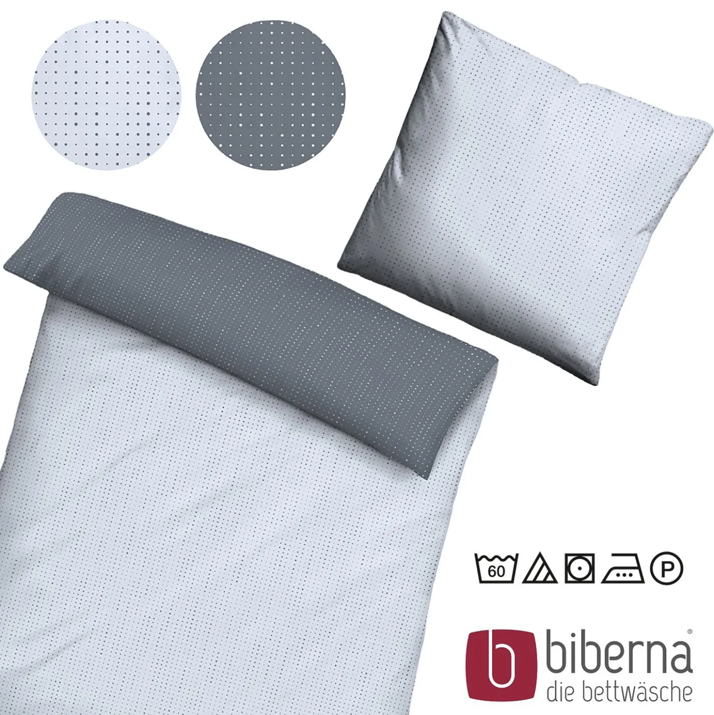 biberna Mako-Satin Bettwäsche PUNKTE - MIX & MATCH blau, 155x220 cm + 80x80 cm