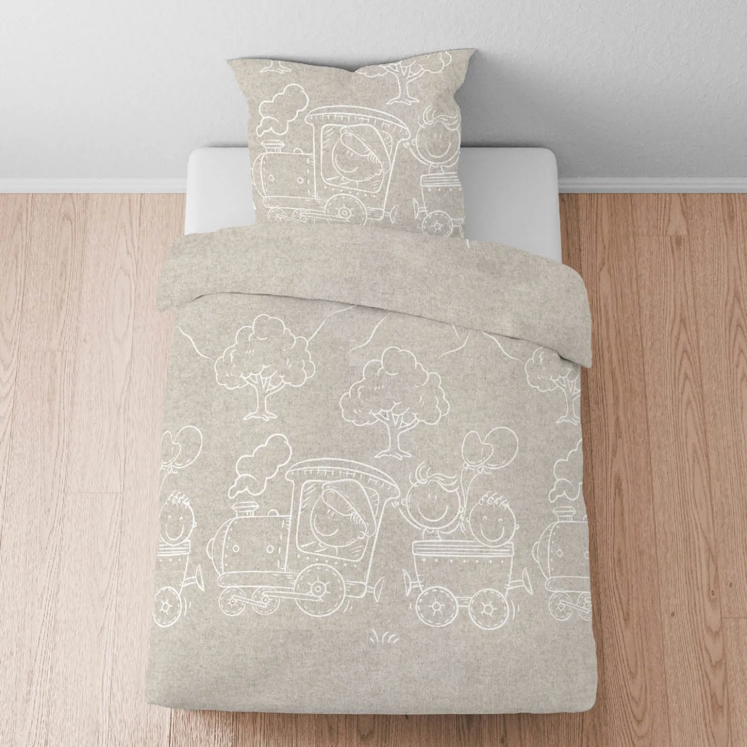biberna Melange-Flanell Bettwäsche Lokomotive kitt, 100x135 cm + 40x60 cm