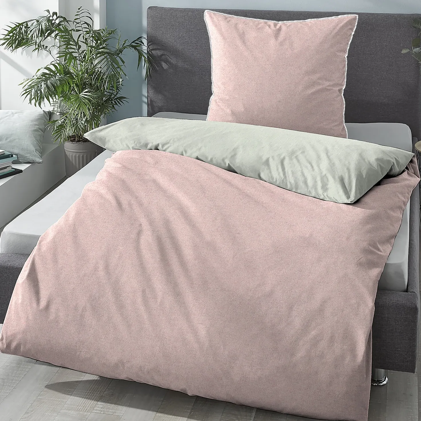biberna Melange-Flanell Bettwäsche MELANGE UNI rose, 135x200 cm + 80x80 cm