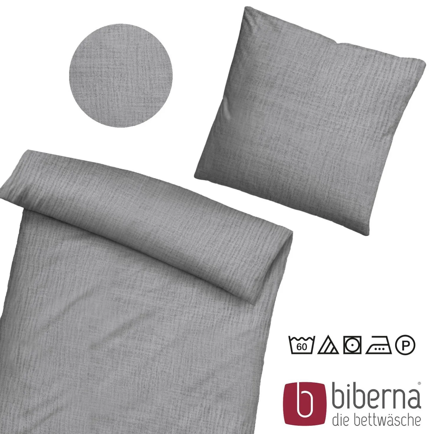 biberna Musselin Bettwäsche UNI sturmgrau, 155x220 cm + 80x80 cm