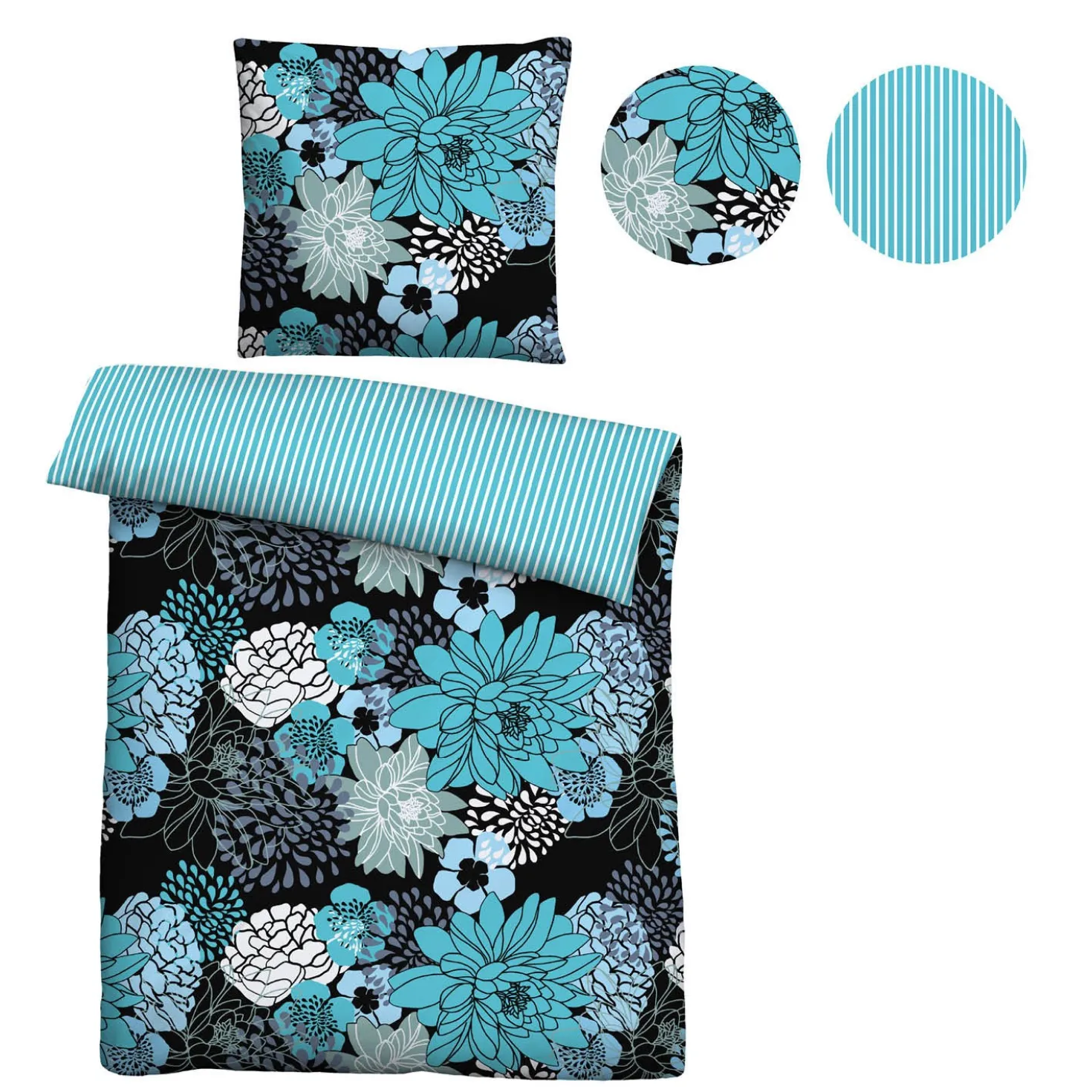 Castell Baumwoll Renforce Bettwäsche Blumen türkis, 1x 155x220 cm + 1x 80x80 cm