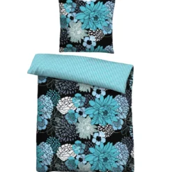 Castell Baumwoll Renforce Bettwäsche Blumen türkis, 1x 155x220 cm + 1x 80x80 cm
