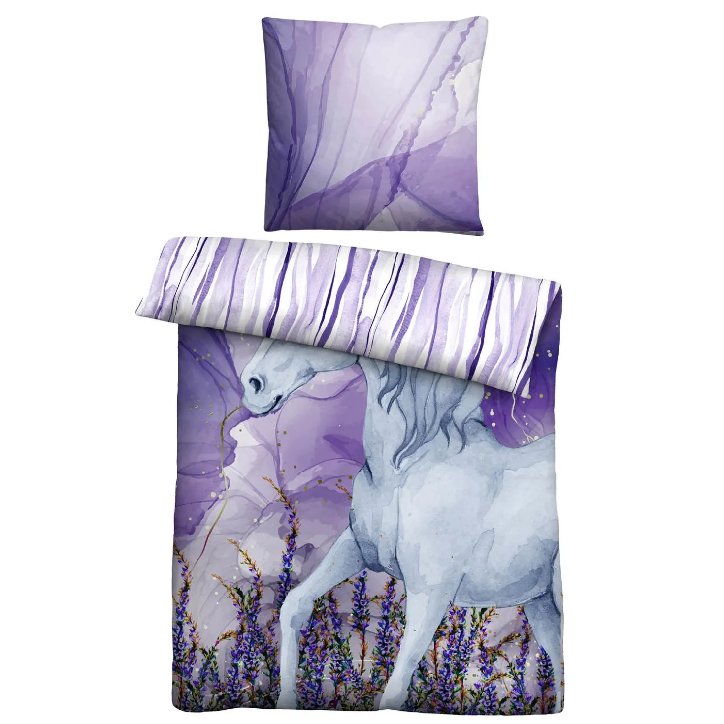 Castell Baumwoll Renforce Bettwäsche Einhorn violett, 1x 135x200 cm + 1x 80x80 cm