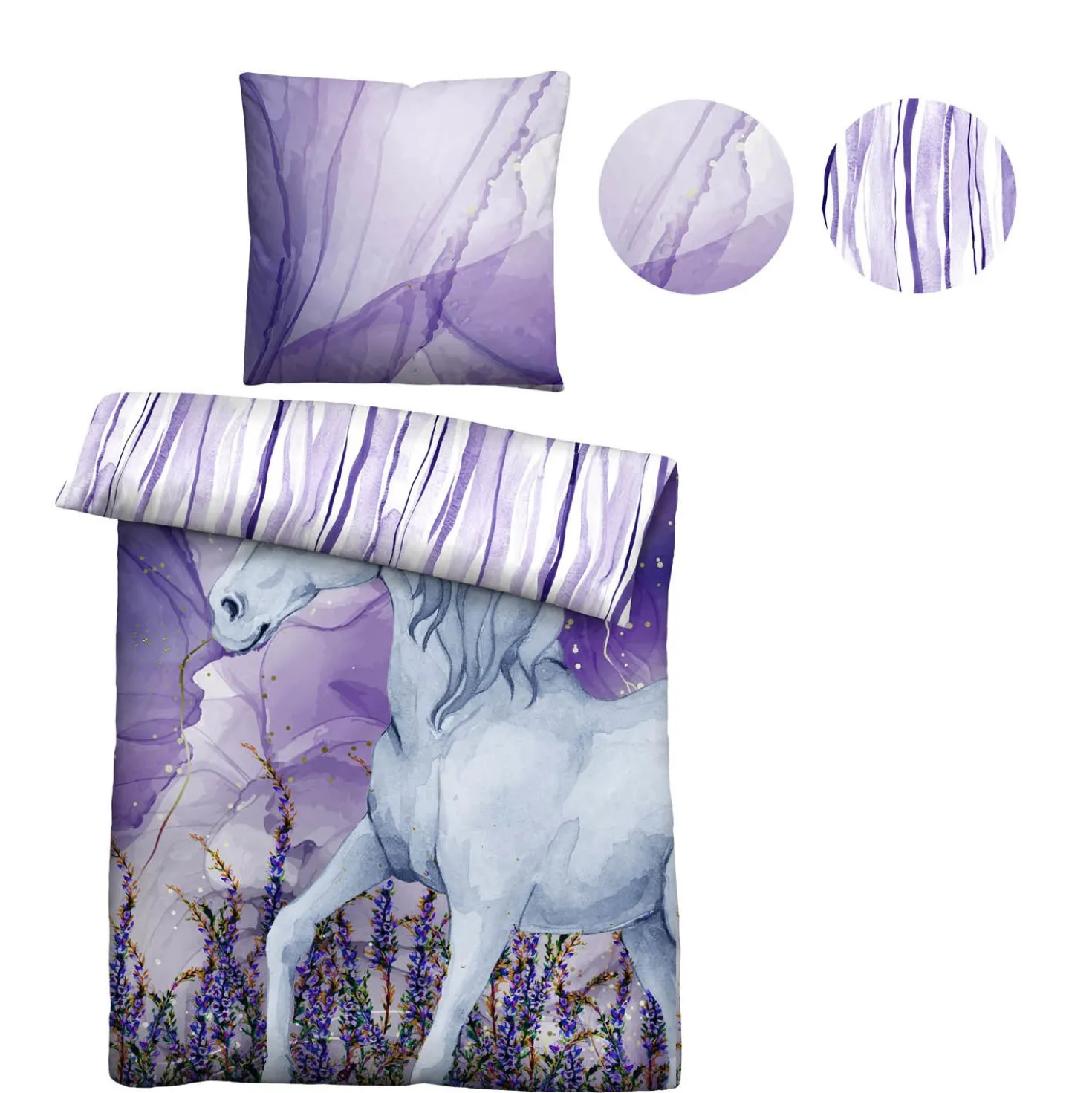 Castell Baumwoll Renforce Bettwäsche Einhorn violett, 1x 135x200 cm + 1x 80x80 cm