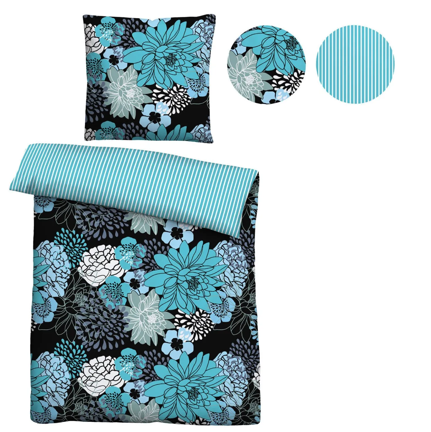 Castell Baumwoll Renforce Bettwäsche Blumen türkis, 1x135x200cm + 1x80x80cm