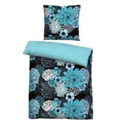 Castell Baumwoll Renforce Bettwäsche Blumen türkis, 1x135x200cm + 1x80x80cm