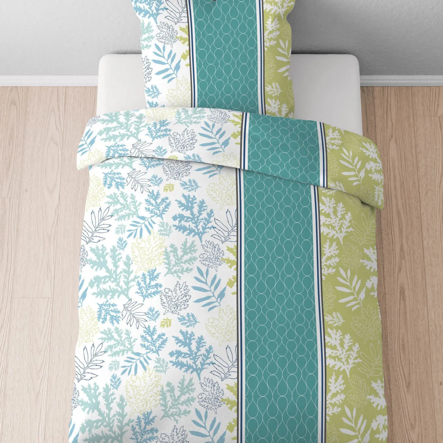 Castell Baumwoll Renforce Bettwäsche Floral längs türkis, 1x 135x200 cm + 1x 80x80 cm