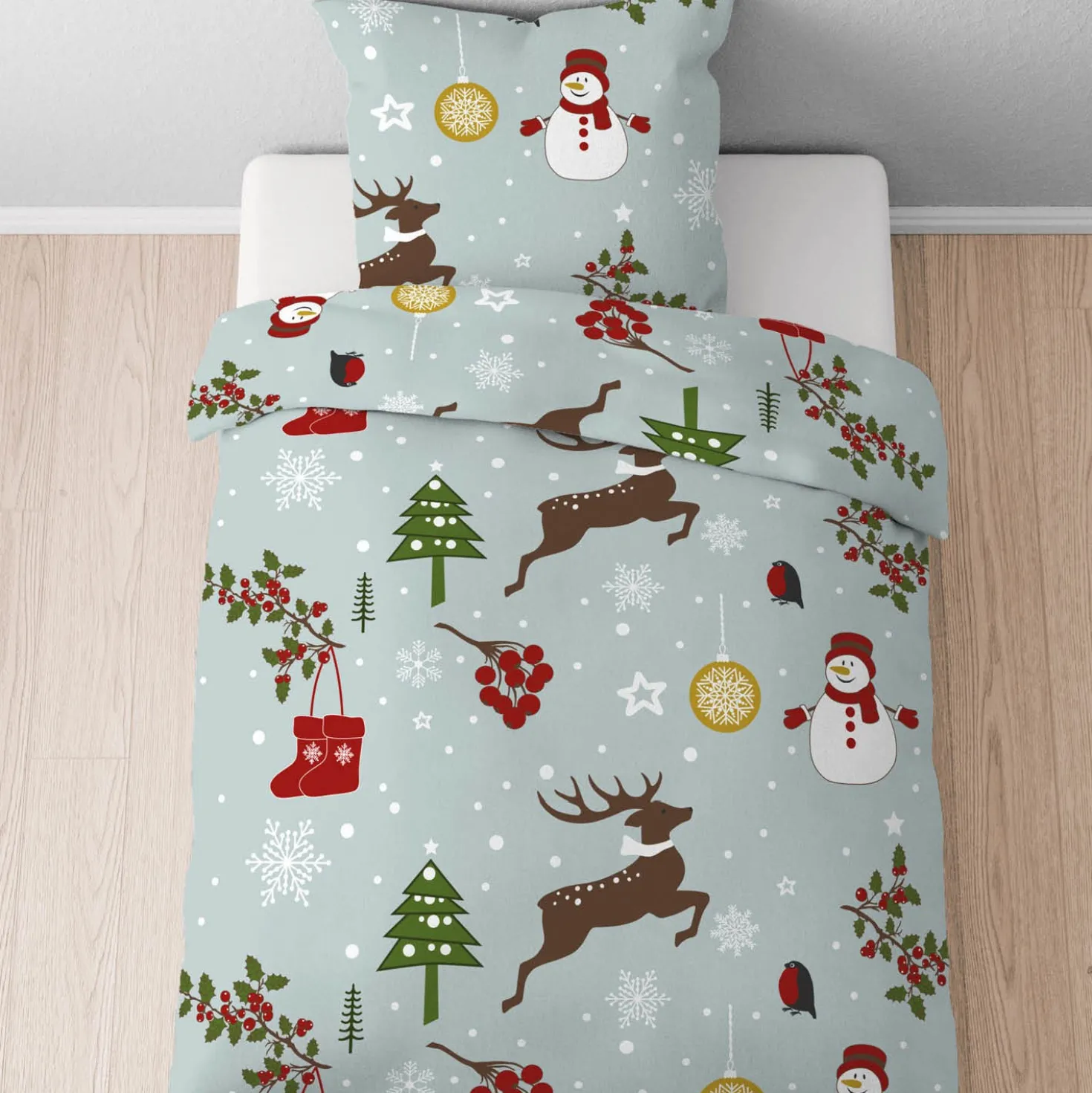 Castell Feinbiber Bettwäsche Weihnachten taubenblau, 1x 155x220 cm + 1x 80x80 cm