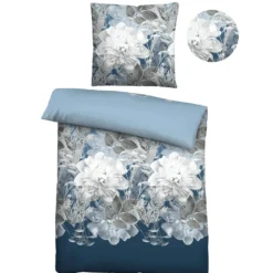 Castell Thermo-Fleece Bettwäsche Blume groß eisblau, 1x 135x200 cm + 1x 80x80 cm