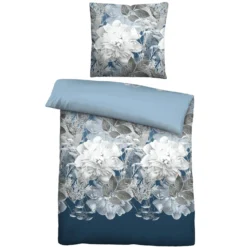 Castell Thermo-Fleece Bettwäsche Blume groß eisblau, 1x 155x220 cm + 1x 80x80 cm