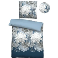 Castell Thermo-Fleece Bettwäsche Blume groß eisblau, 1x 155x220 cm + 1x 80x80 cm