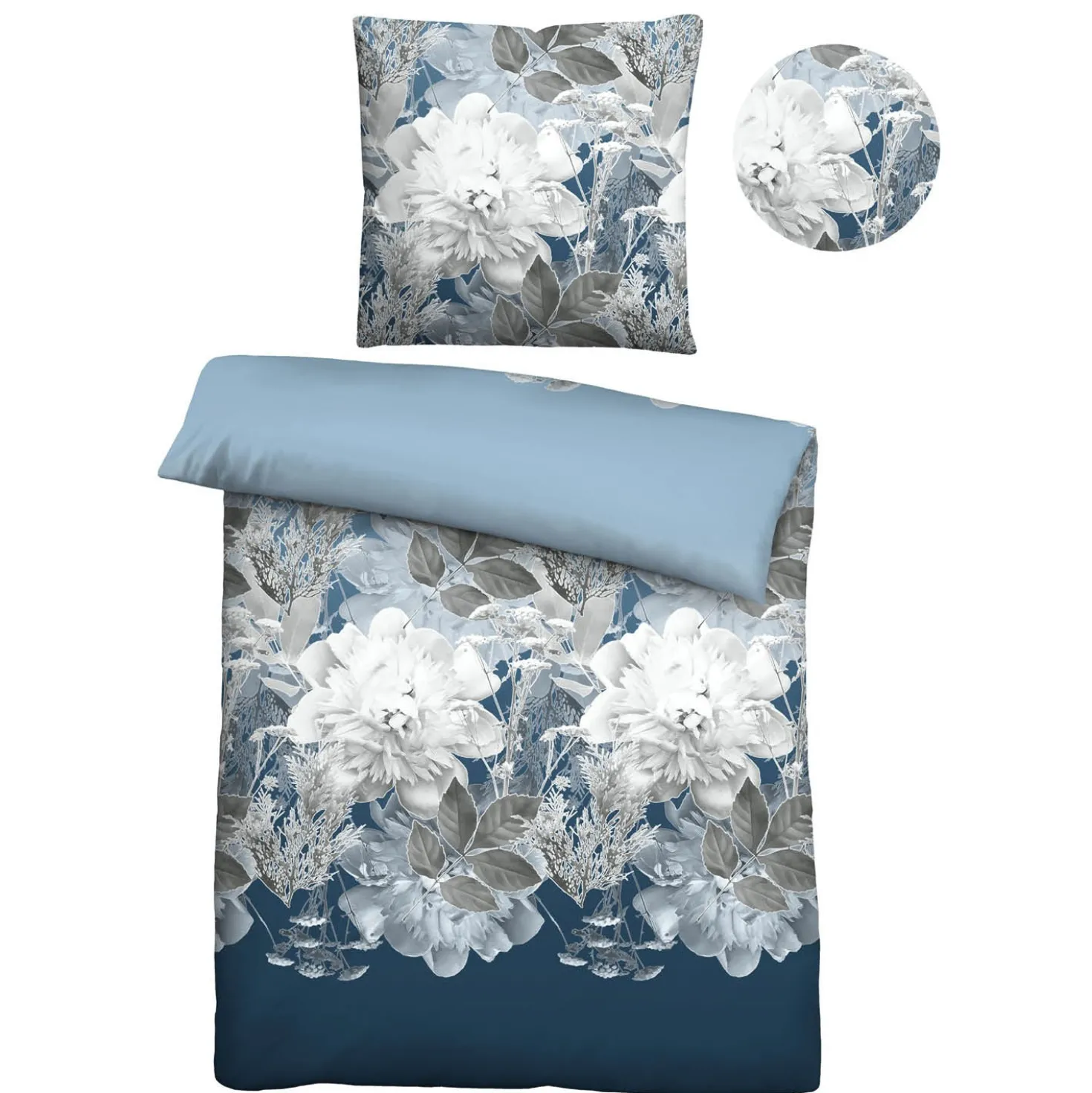 Castell Thermo-Fleece Bettwäsche Blume groß eisblau, 1x 155x220 cm + 1x 80x80 cm
