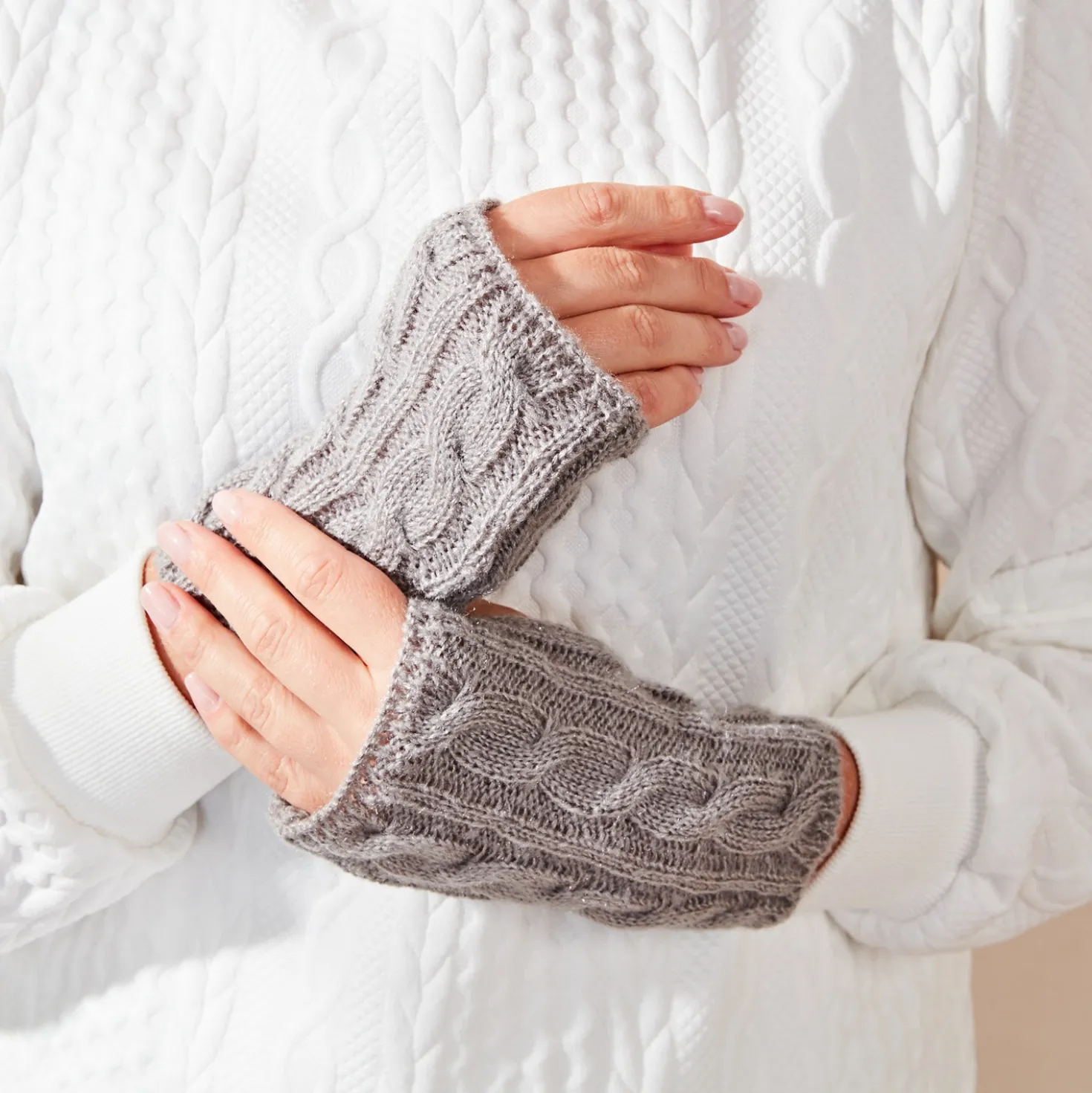 Feinstrick-Handschuh + Armstulpen 2er-Set grau