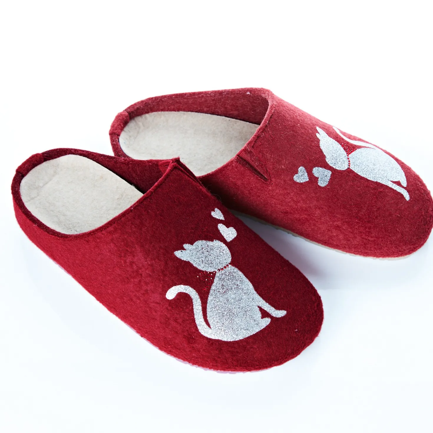 Filz-Pantoffel "Katze" bordeaux
