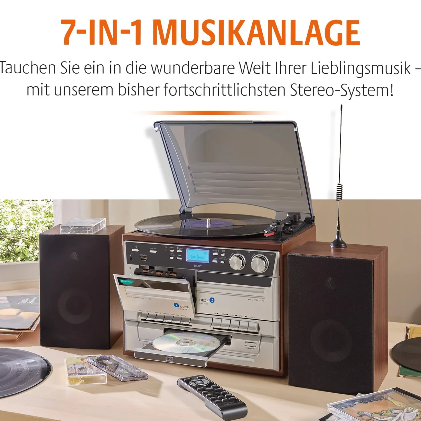 7-in-1 Musikanlage "Hudson Deluxe" für CDs, Kassetten, Vinyl Bergström