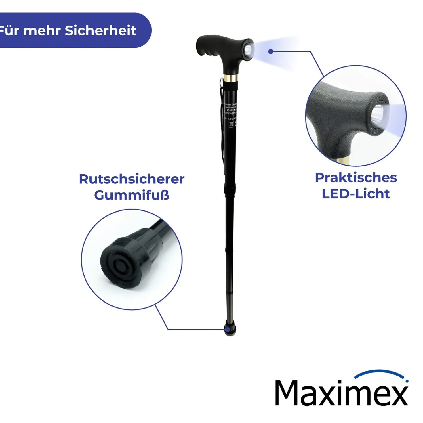 Maximex Gehstock faltbar mit LED, 30 x 14 x 3,5 cm