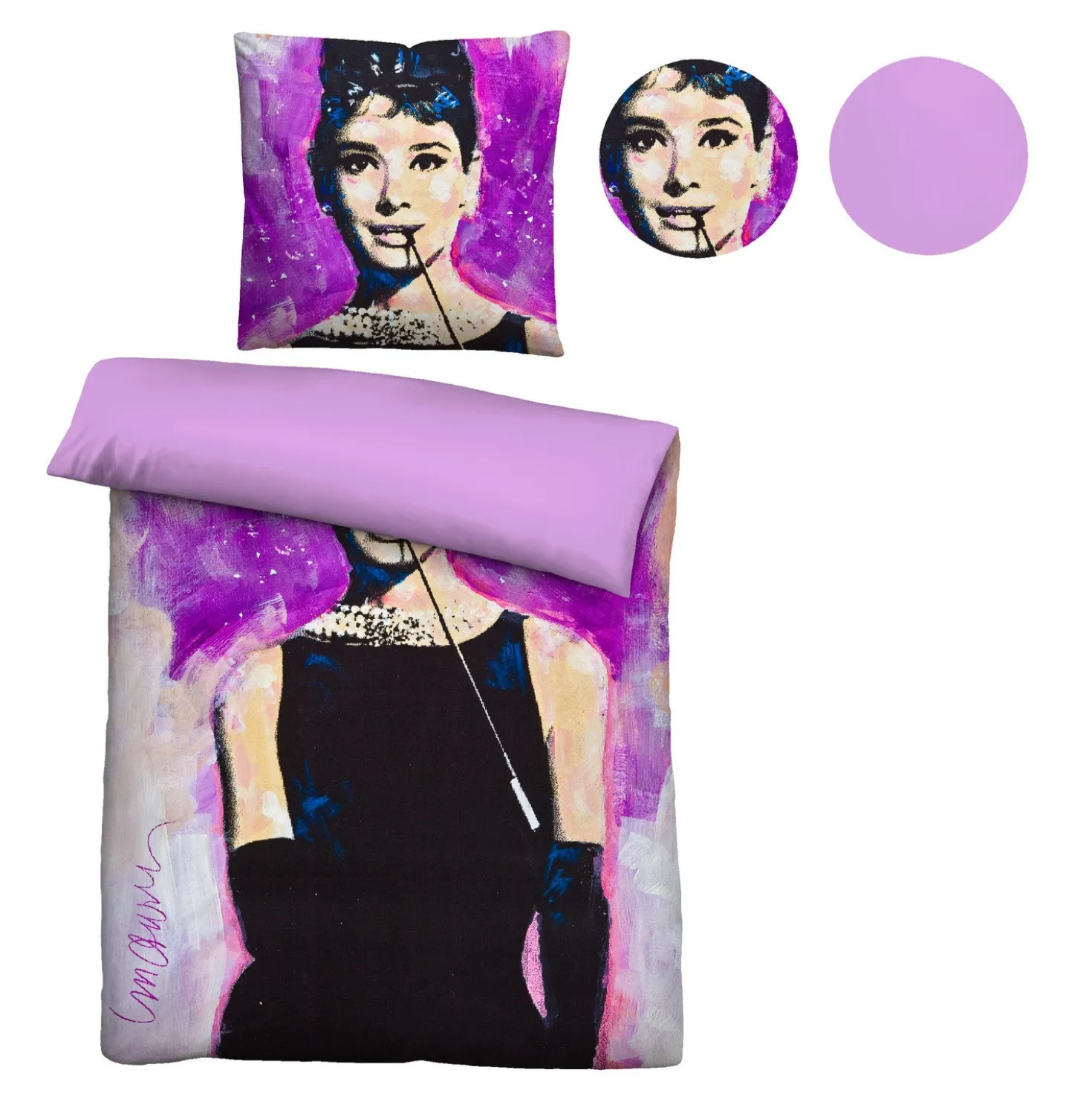 SID MAURER Mikrofaser Bettwäsche Audrey Hepburn viola, 1x 155x220 cm + 1x 80x80 cm