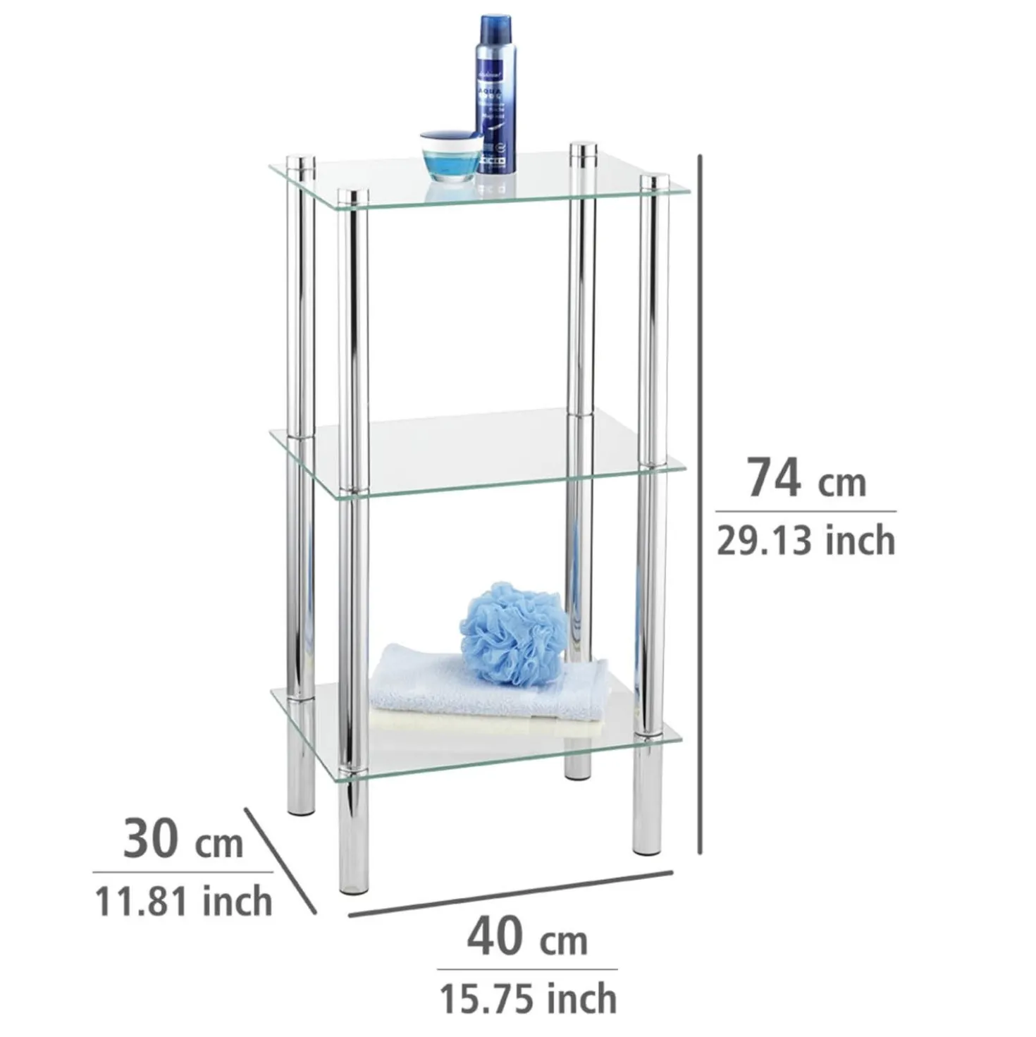 Standregal Yago viereckig 3 Ablagen aus Edelstahl & Glas WENKO