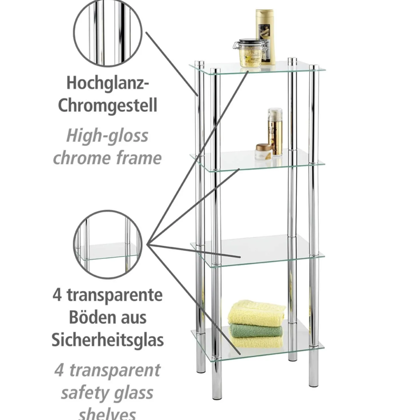 Standregal Yago viereckig 4 Ablagen aus Edelstahl & Glas WENKO