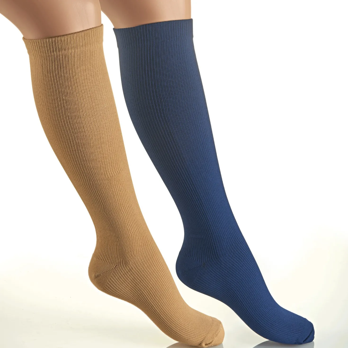 Stützkniestrümpfe leichte Kompression 2er-Set blau + hautfarben
