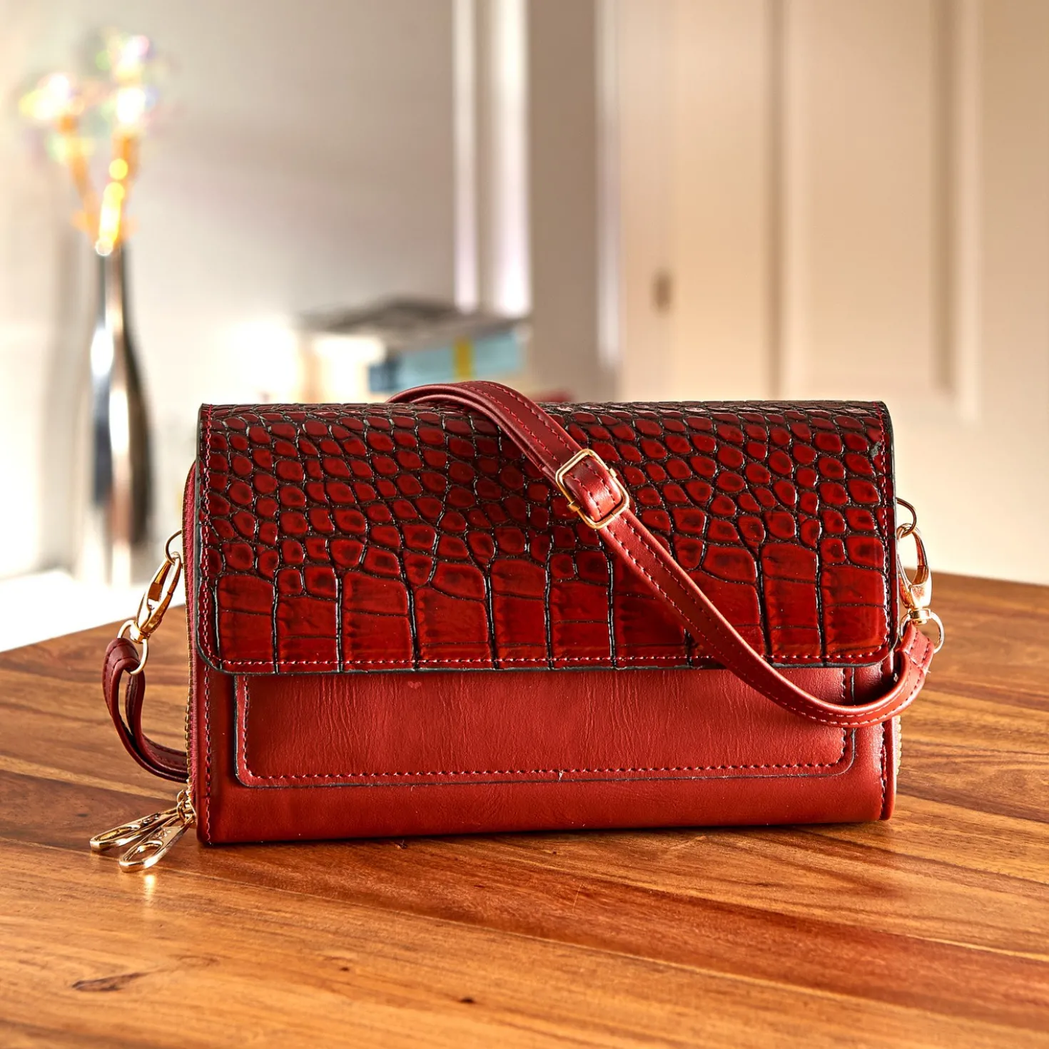 Tasche "Kroko" 2-in-1 RFID-Schutz burgund