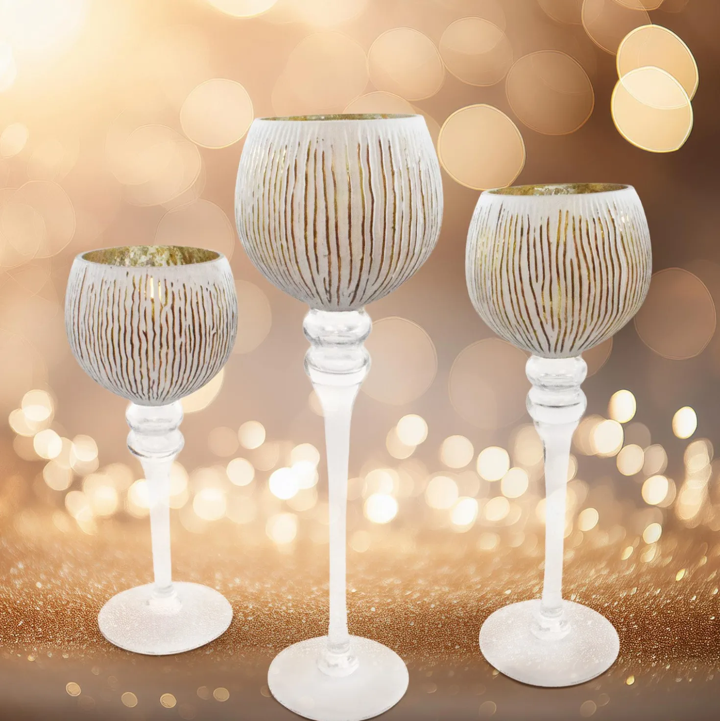 Teelichthalter Glas-Kelch weiß-golden 3er-Set