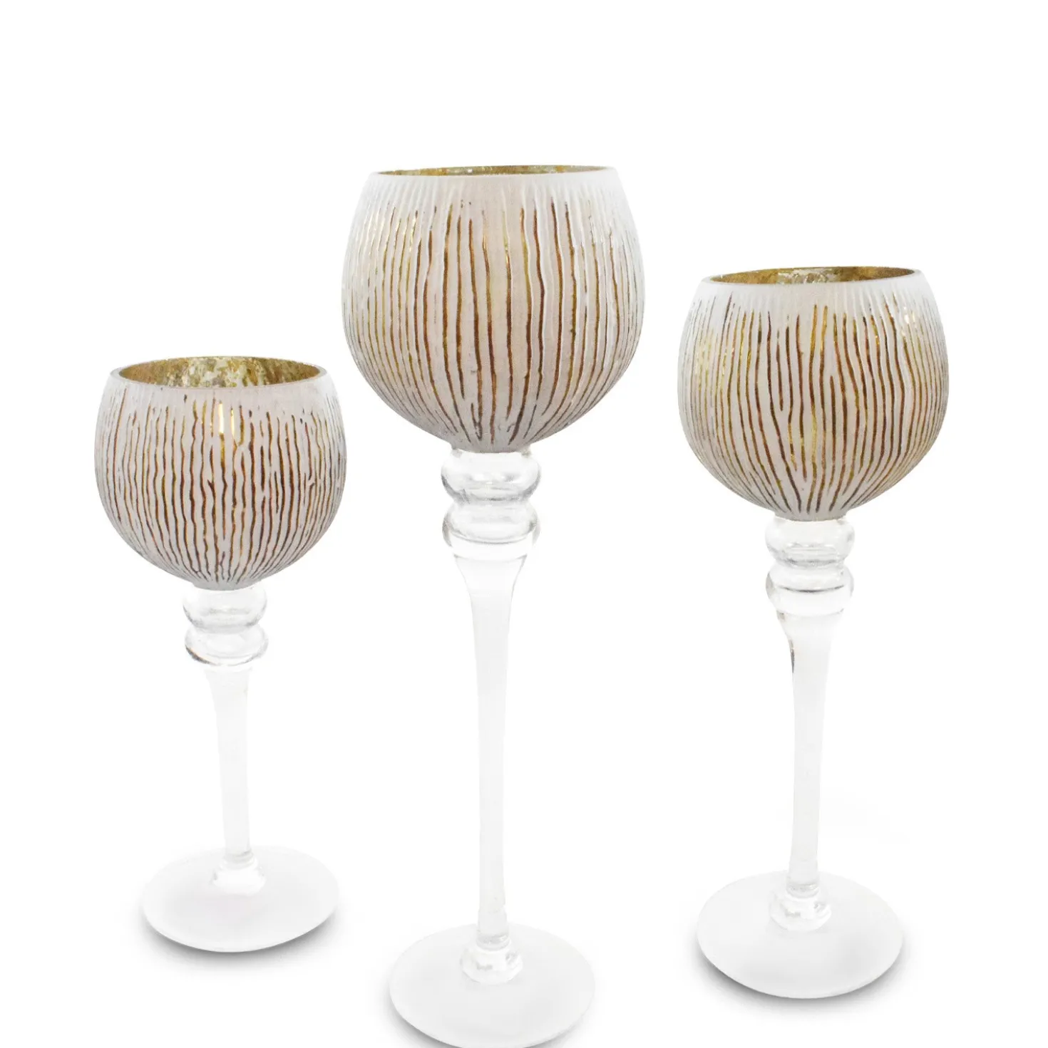 Teelichthalter Glas-Kelch weiß-golden 3er-Set