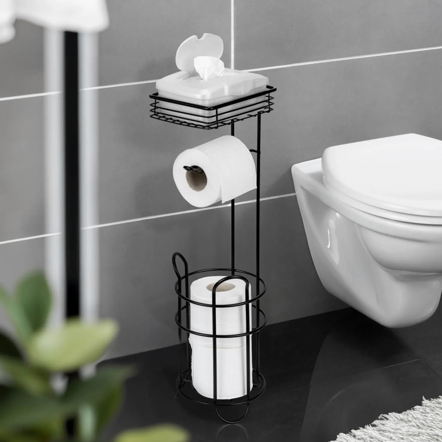 Toilettenpapierhalter mit Ablage & Ersatzrollenhalter Schwarz WENKO