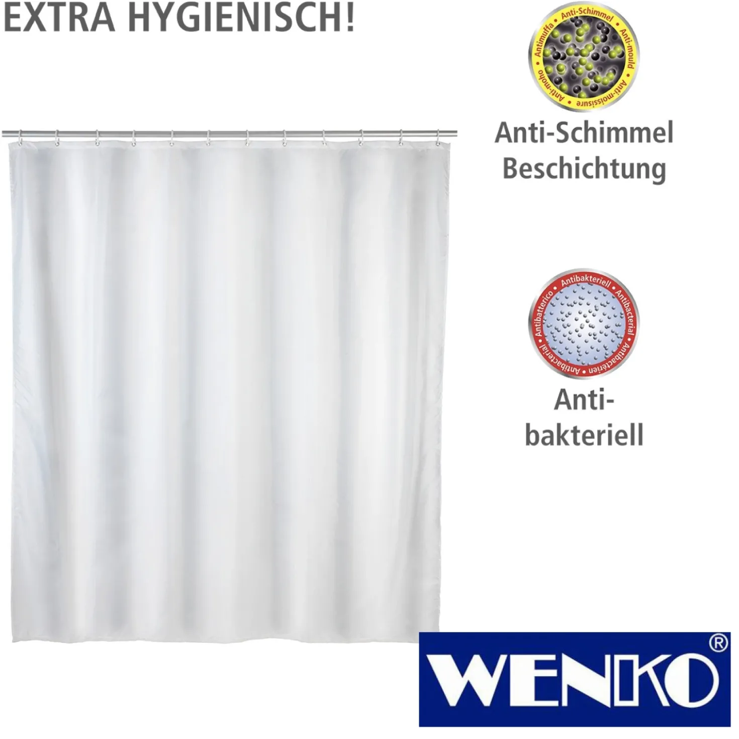 WENKO Anti-Schimmel Duschvorhang Uni White, Textil (Polyester), 120 x 200 cm, waschbar