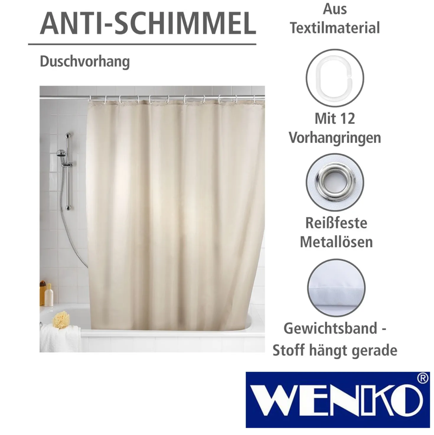 WENKO Anti-Schimmel Duschvorhang Uni Beige, Textil (Polyester), 180 x 200 cm, waschbar