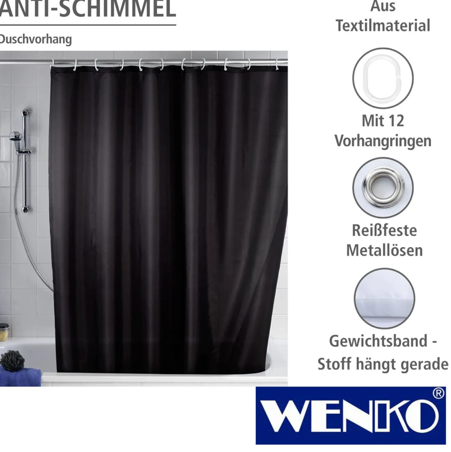 WENKO Anti-Schimmel Duschvorhang Uni Black, Textil (Polyester), 180 x 200 cm, waschbar