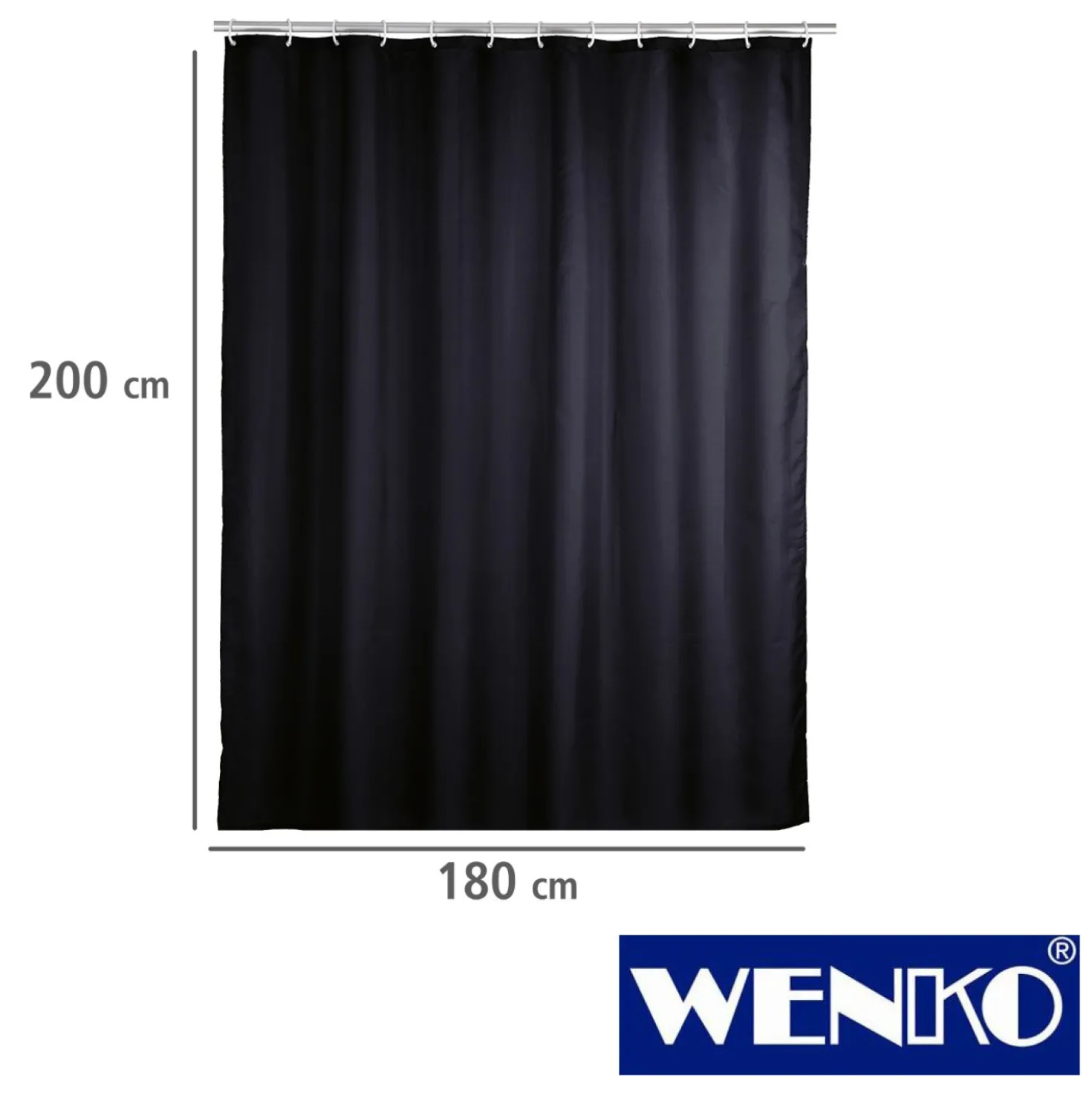 WENKO Anti-Schimmel Duschvorhang Uni Black, Textil (Polyester), 180 x 200 cm, waschbar
