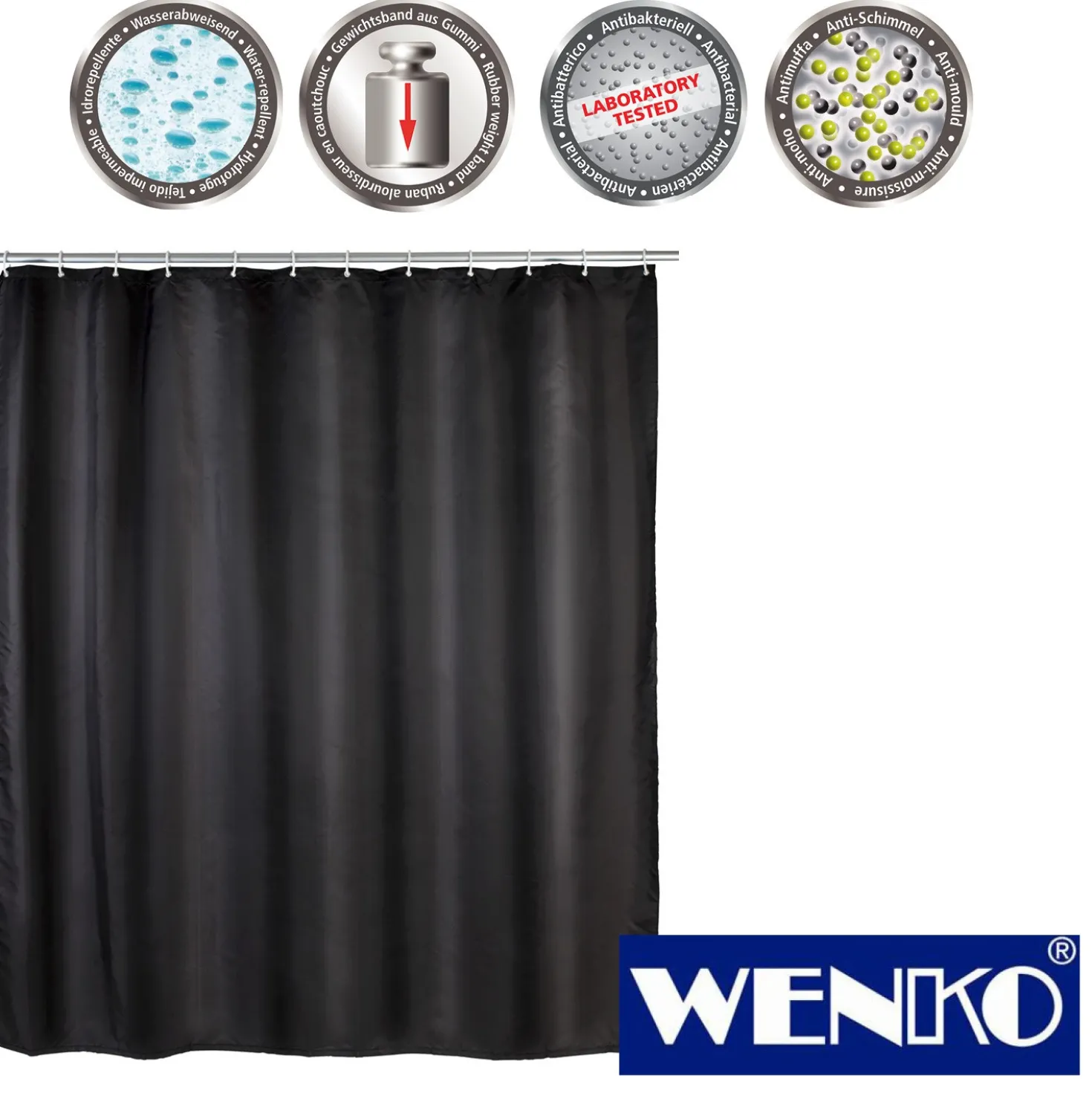 WENKO Anti-Schimmel Duschvorhang Uni Black, Textil (Polyester), 180 x 200 cm, waschbar