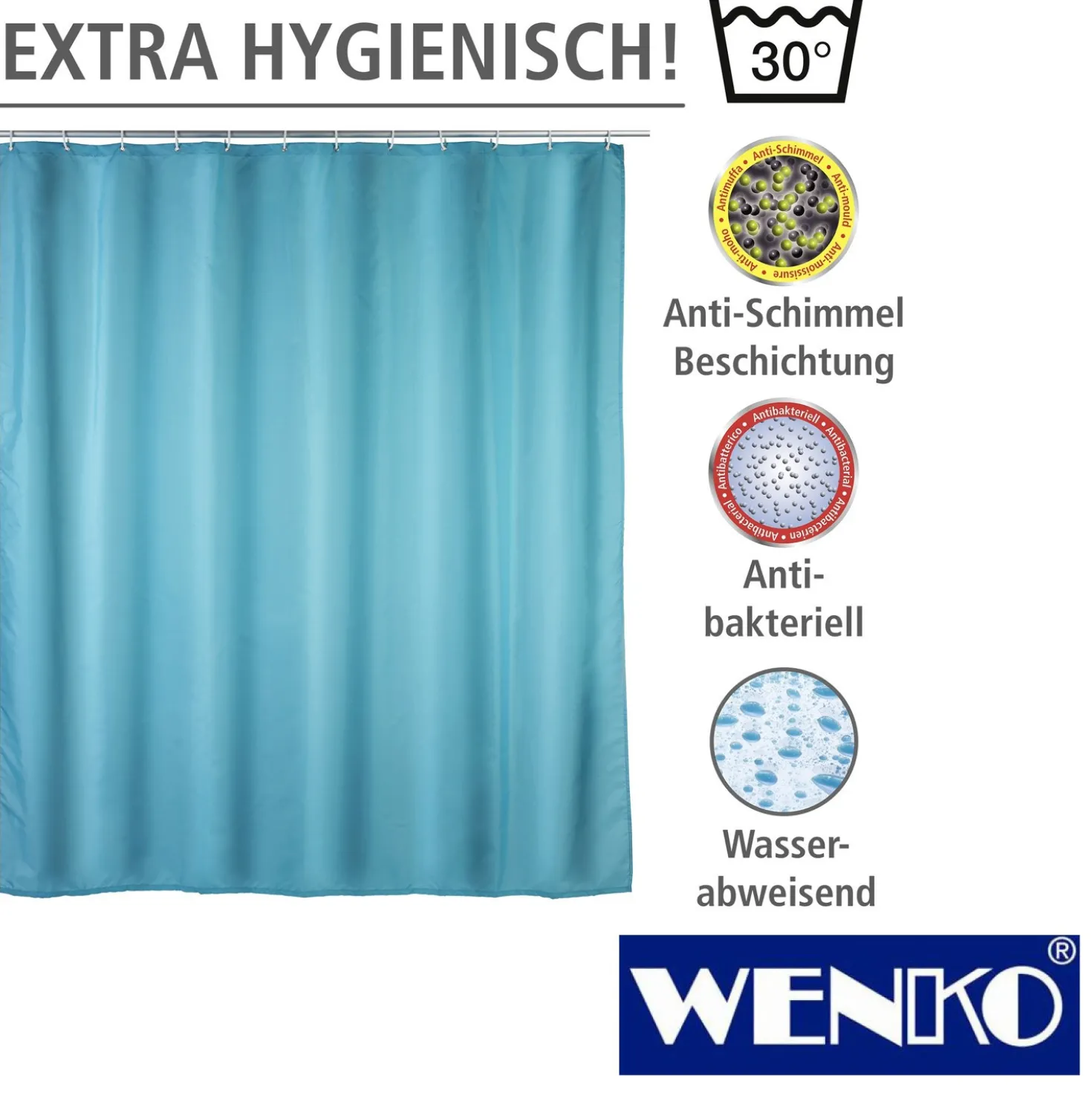 WENKO Anti-Schimmel Duschvorhang Uni Light Blue, Textil (Polyester), 180 x 200 cm, waschbar