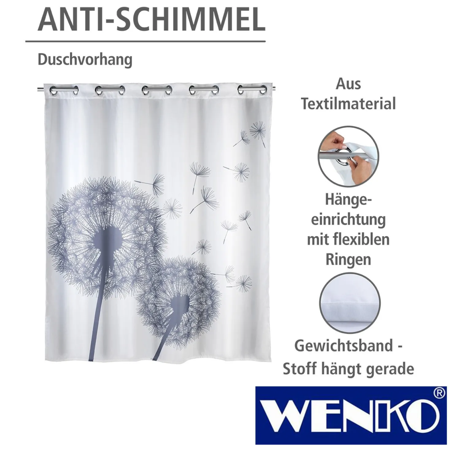 WENKO Anti-Schimmel Duschvorhang Astera Flex, Textil (Polyester), 180 x 200 cm, waschbar