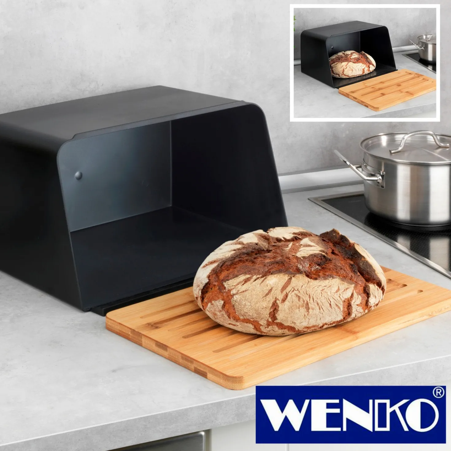 WENKO Brotkasten mit Bambus-Schneidebrett als Deckel schwarz