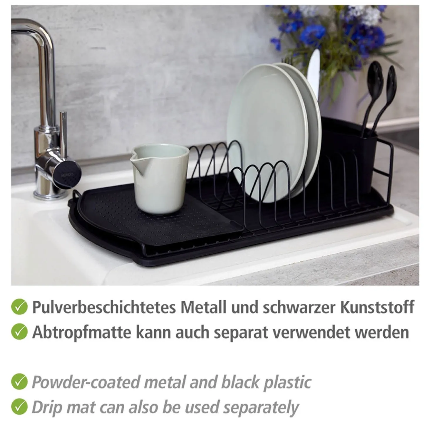 WENKO Geschirrabtropfer Basic Schwarz, Geschirr Abtropfgestell