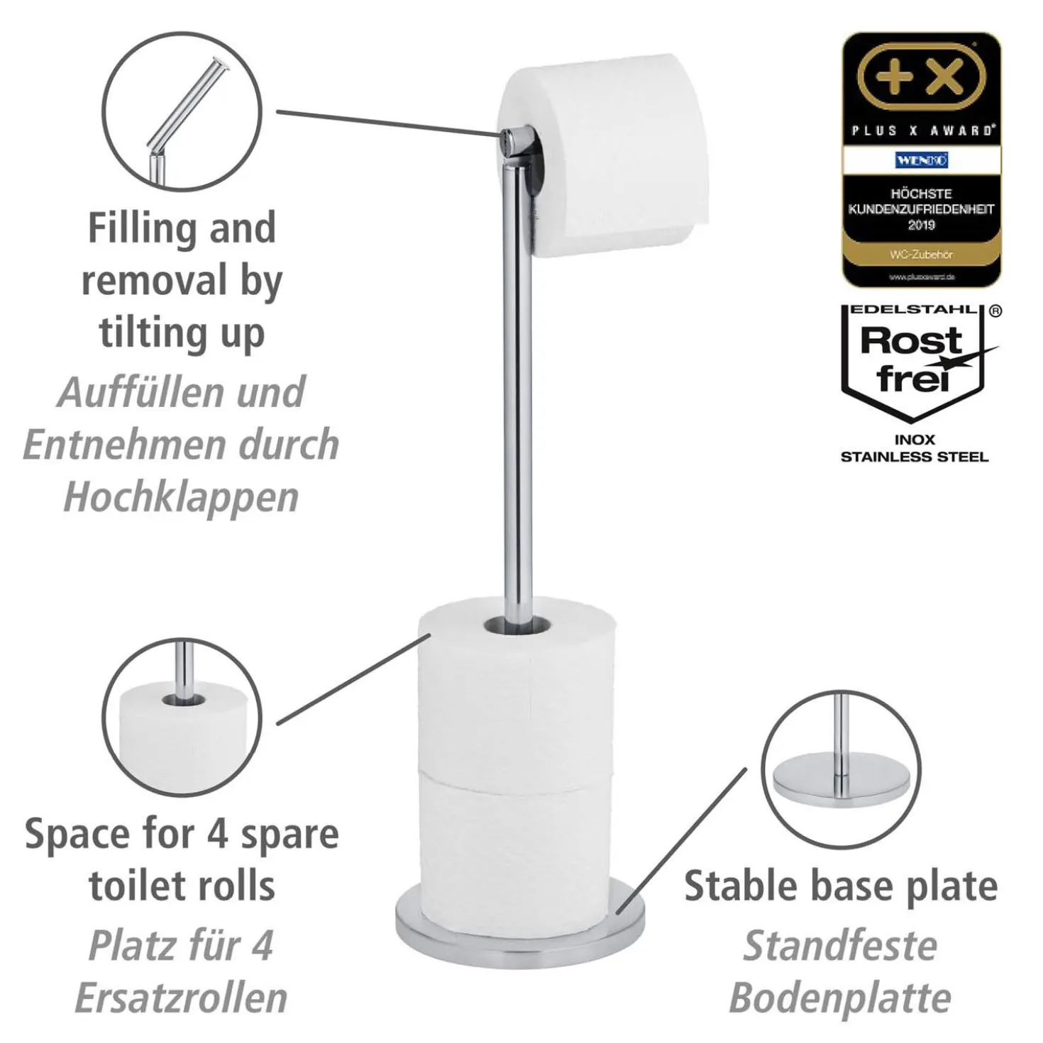 WENKO 2in1 Stand Toilettenpapierhalter, Edelstahl, platzsparend, für bis zu 4 Ersatzrollen