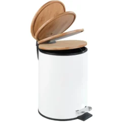 WENKO Kosmetik Treteimer Tortona Easy-Close Weiß matt, 3 Liter, Bambus-Deckel