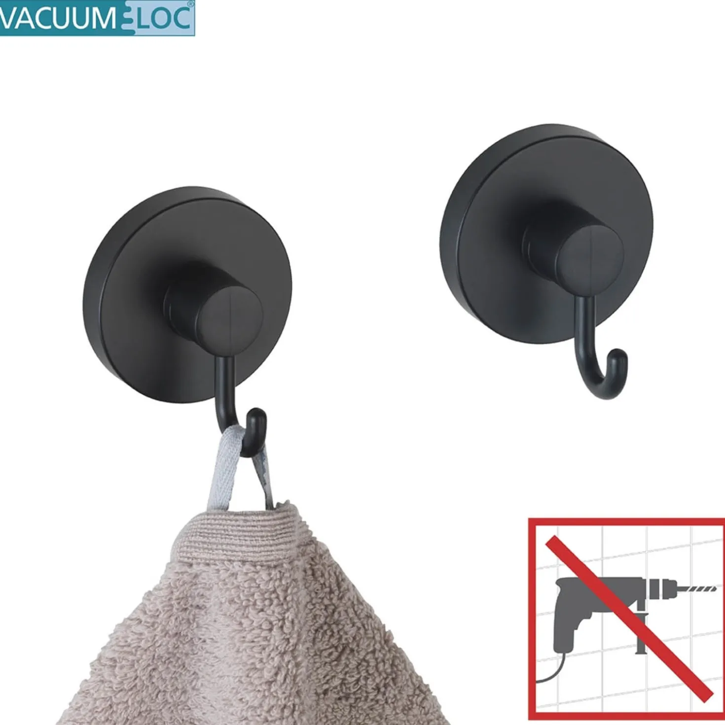 WENKO Mod. Vacuum-Loc® Haken Schwarz 2er Set, Befestigen ohne Bohren
