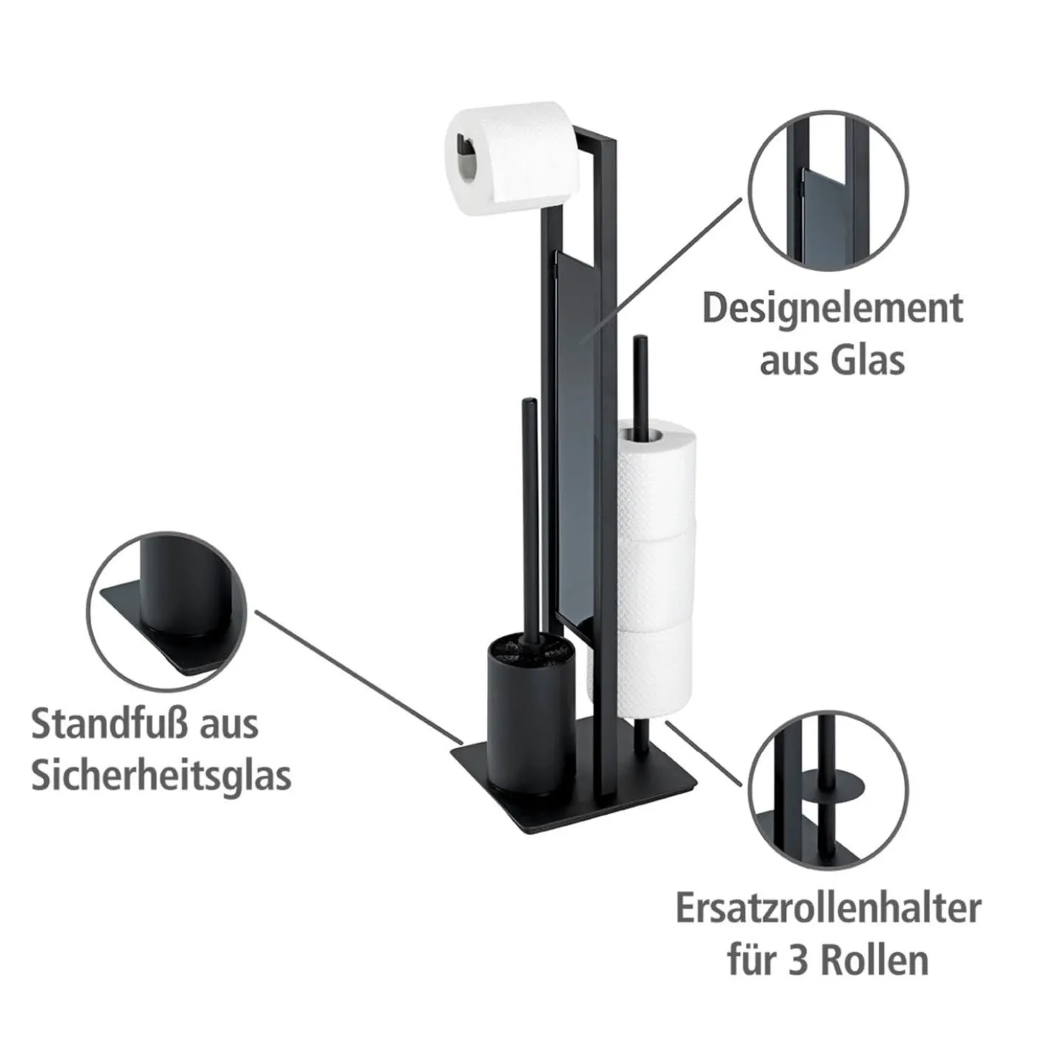 WENKO Stand WC-Garnitur Mod. Rivalta Schwarz matt, integrierter Toilettenpapierhalter und WC-Bürstenhalter