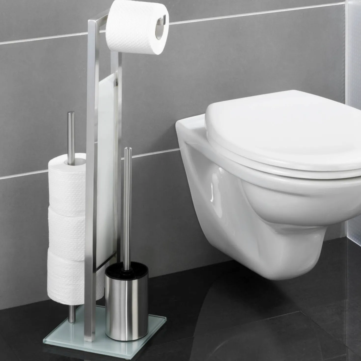WENKO Stand WC-Garnitur Mod. Rivalta Edelstahl Matt, integrierter Toilettenpapierhalter