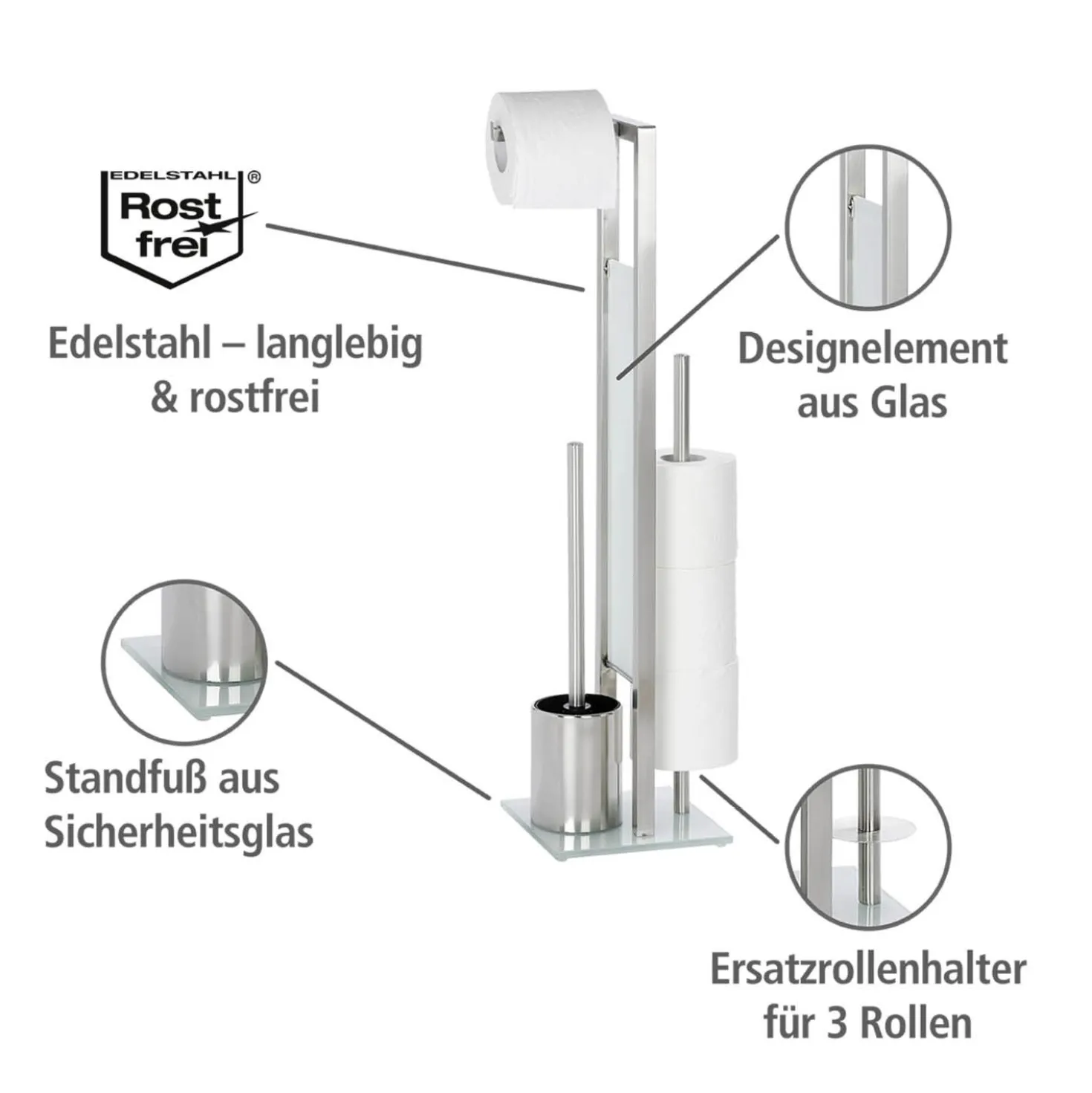 WENKO Stand WC-Garnitur Mod. Rivalta Edelstahl Matt, integrierter Toilettenpapierhalter