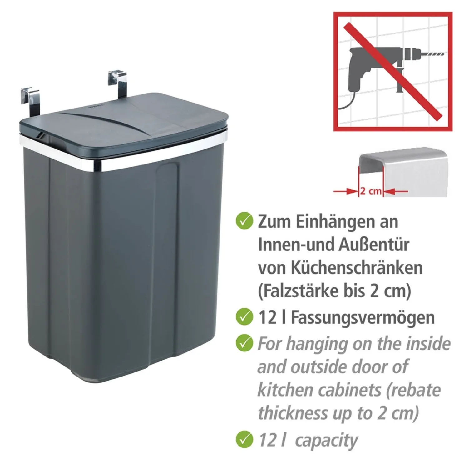 WENKO Tür-Abfalleimer, 12 Liter, zum Einhängen in Schrank und Schublade