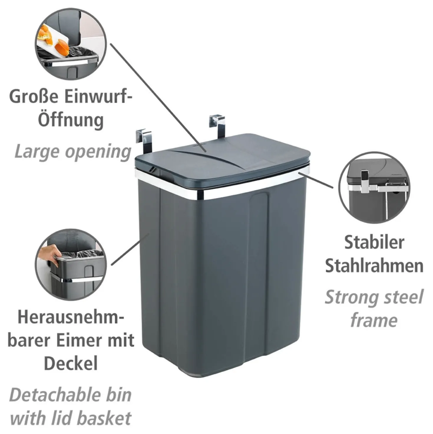 WENKO Tür-Abfalleimer, 12 Liter, zum Einhängen in Schrank und Schublade