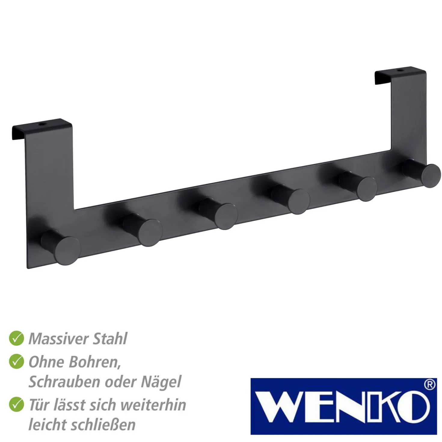 WENKO Türgarderobe Celano Schwarz, 6 Haken, für Türfalzstärken bis 2 cm